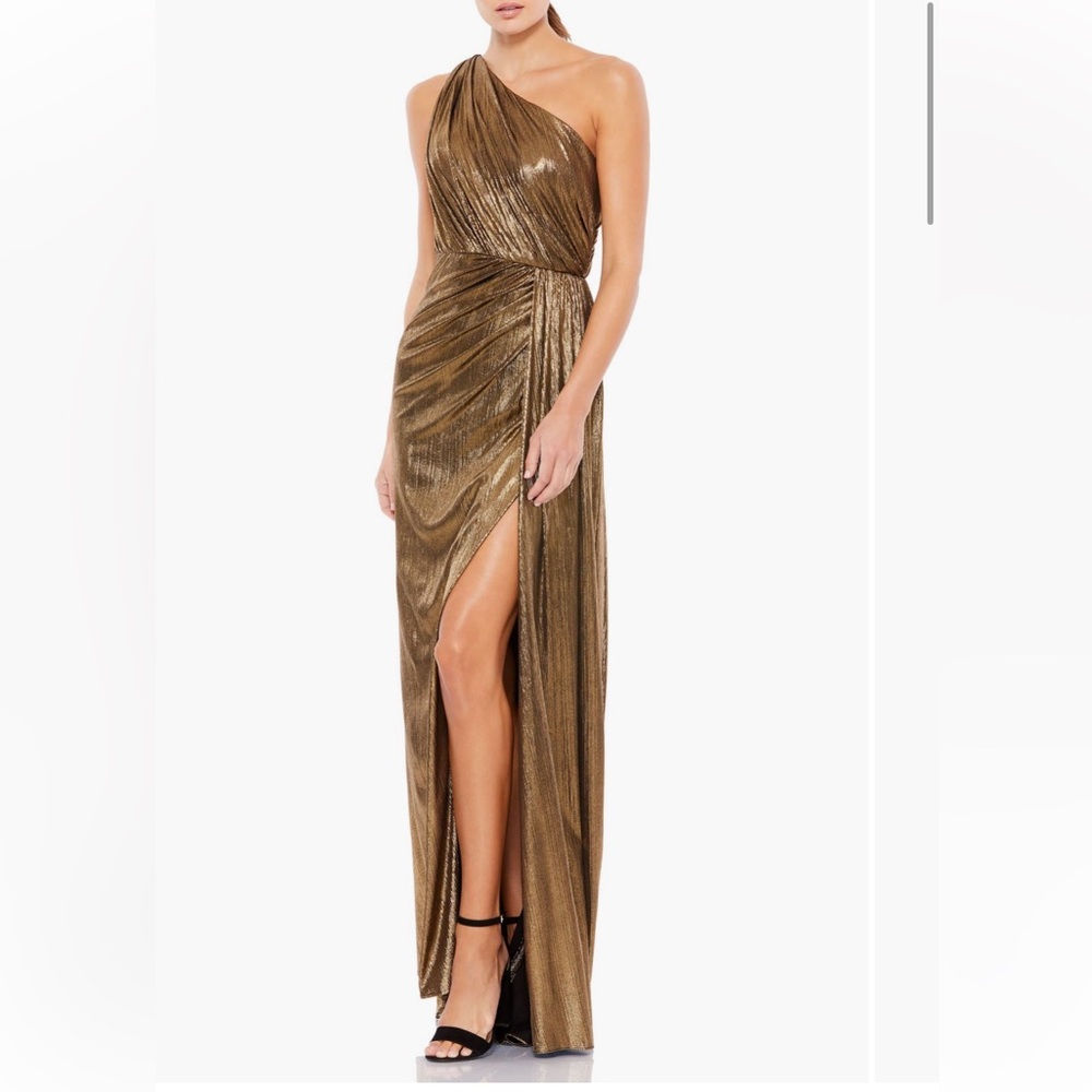 Mac Duggal Metallic Draped One Shoulder Grecian Dress
